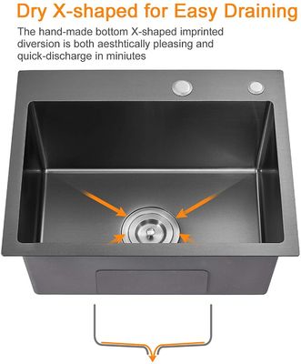 25 Inch PVD Handmade Top Mount Stainless Steel Kitchen Sink With Two Holes